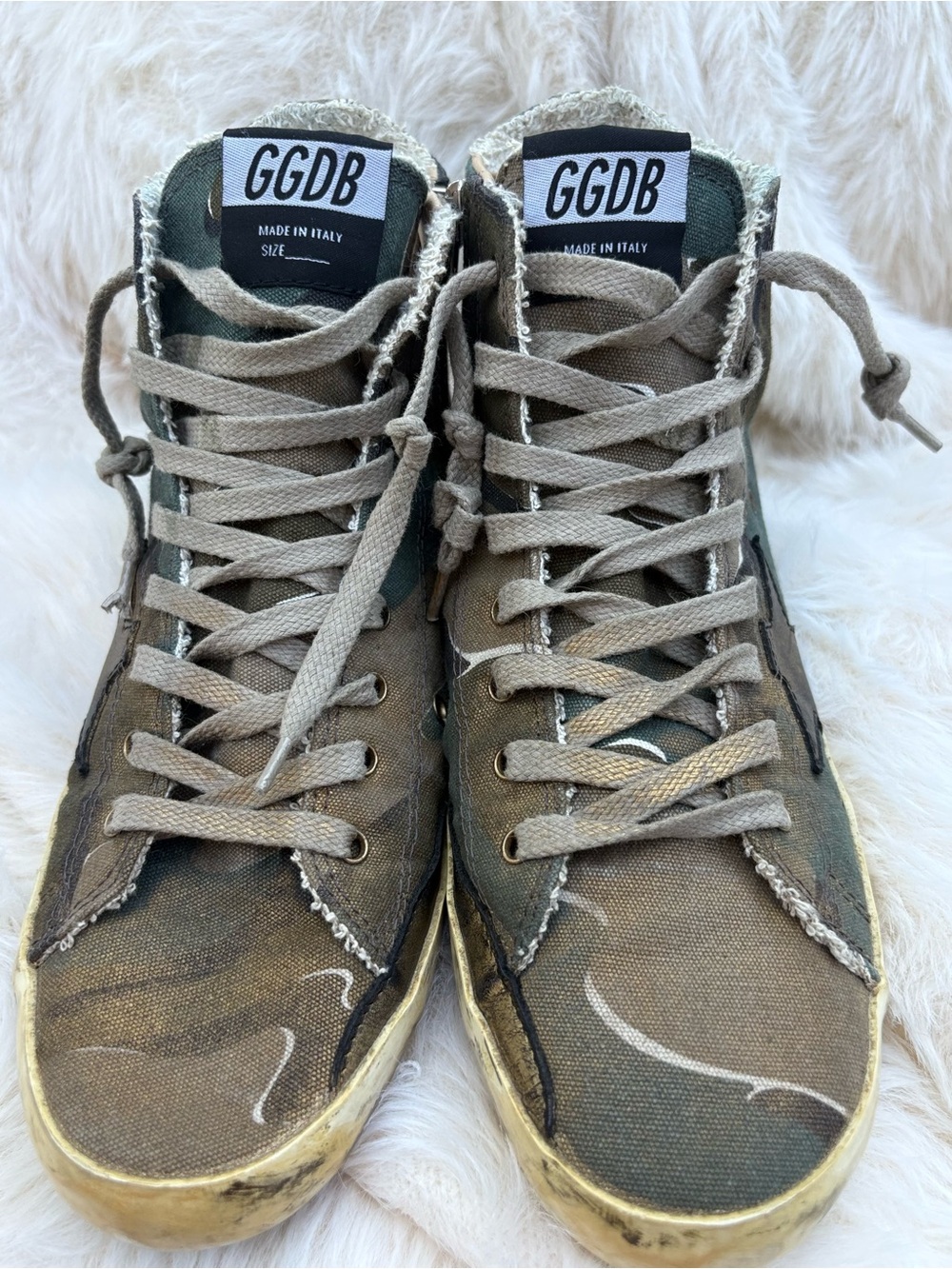 Golden Goose Women’s Camouflage High-Top Sneakers with Distressed Gold Soles